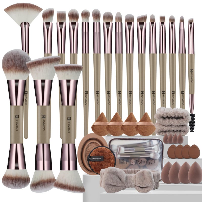 HEYMKGO Makeup Brushes 40Pcs Professional Makeup Brush Set Dual Ended Foundation Blush Concealer Contour Powder Eyeshadow Make up Tools with Sponges Puffs Clear Bag for Blending Buffing Highlighting - Image 2