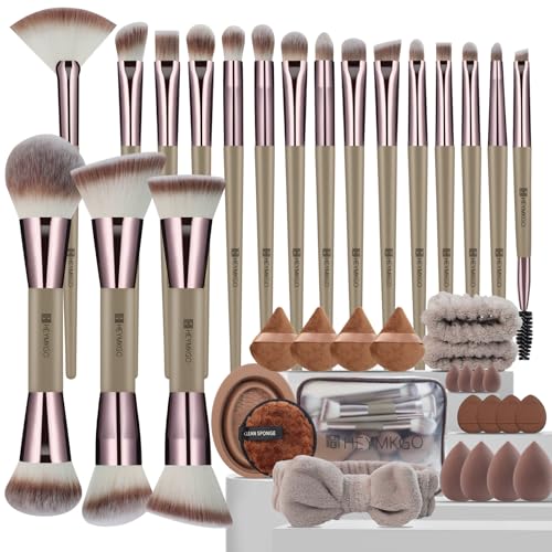 HEYMKGO Makeup Brushes 40Pcs Professional Makeup Brush Set Dual Ended Foundation Blush Concealer Contour Powder Eyeshadow Make up Tools with Sponges Puffs Clear Bag for Blending Buffing Highlighting - Image 1