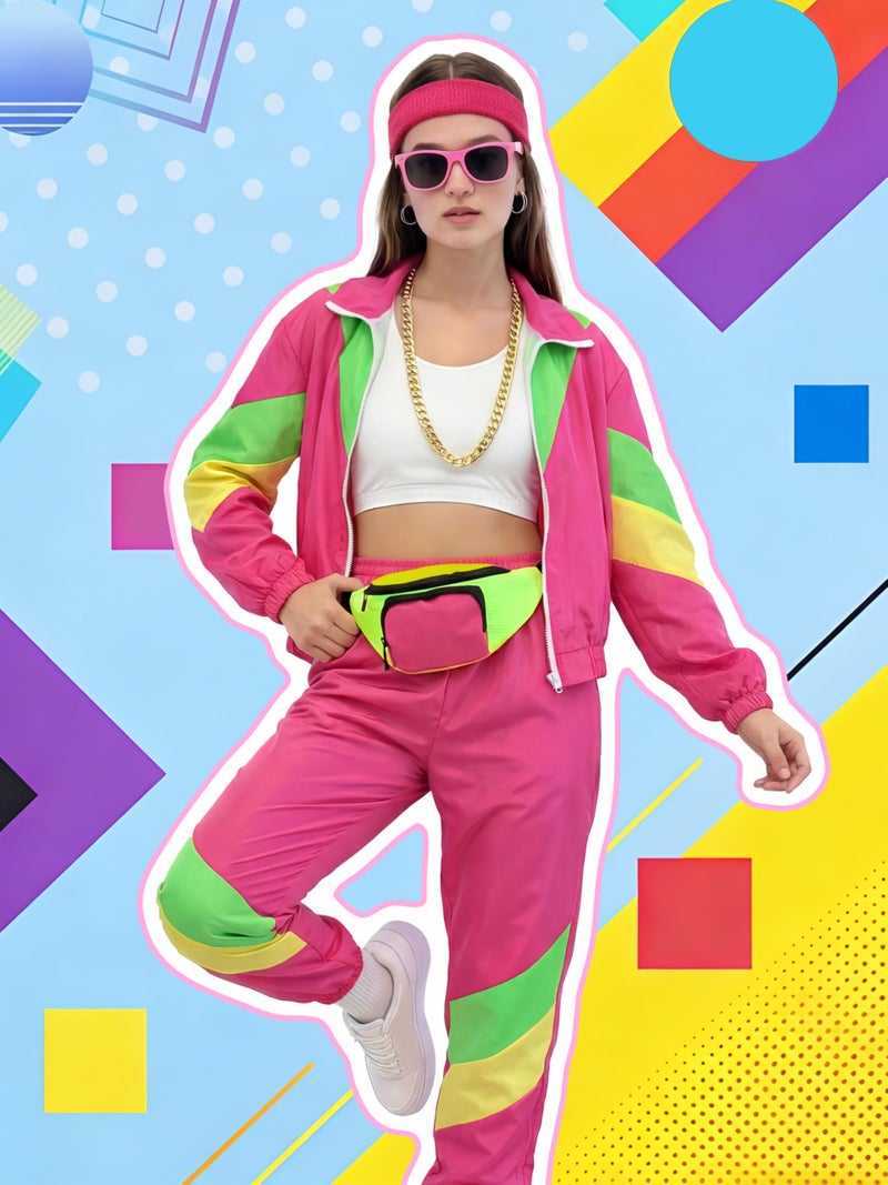SOMSOC 7 Pieces 80s Tracksuit for Women 90s Windbreaker Sweatpants Outfit Color Block Jacket with Fanny Pack Accessories - Image 2