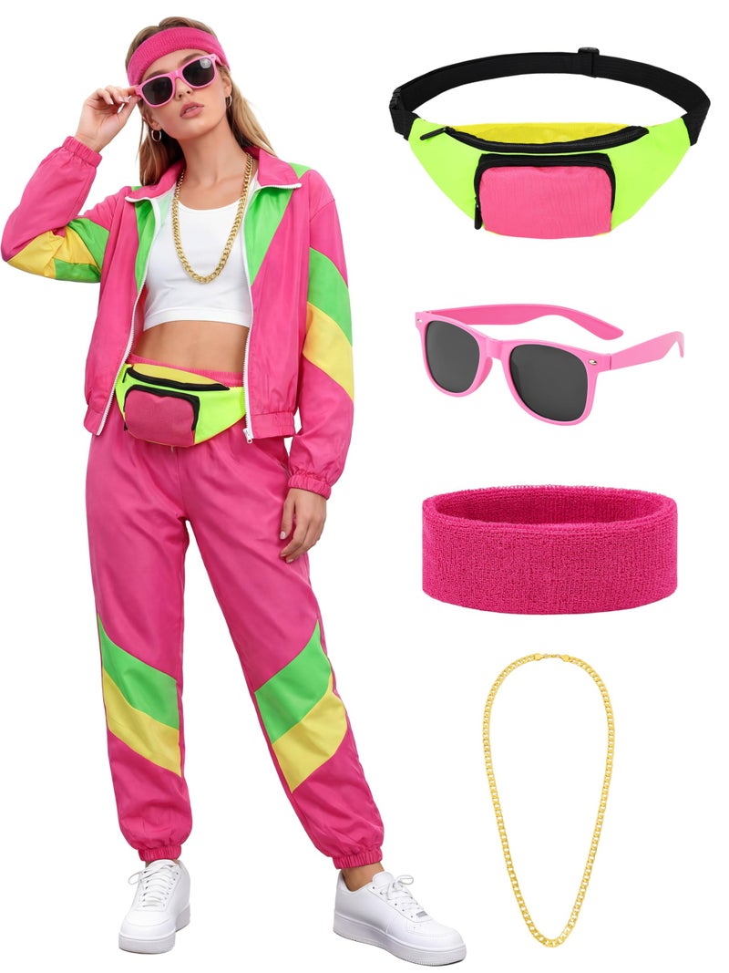 SOMSOC 7 Pieces 80s Tracksuit for Women 90s Windbreaker Sweatpants Outfit Color Block Jacket with Fanny Pack Accessories - Image 1