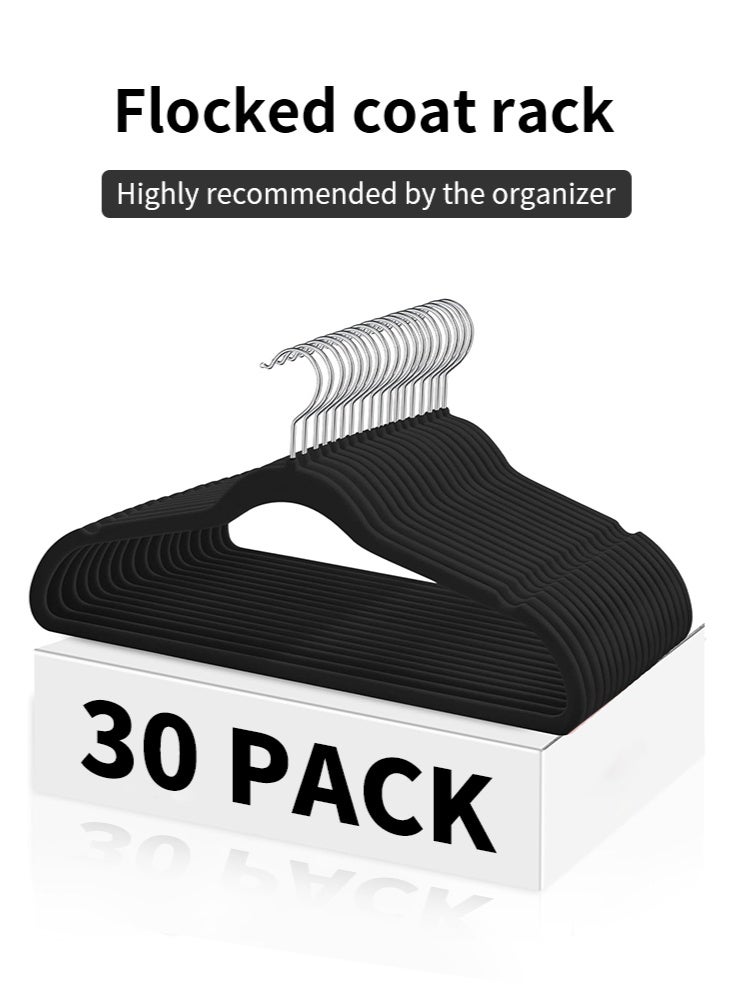 30 حزمة مخملية شنقات فائقة، رقيقة غير انزلاق الكبار شعر توفير المساحة شنقات لخزانة الثقيلة المهام معطف بنطلون سترات فستان شنقات عقد حتى، أسود - Image 1