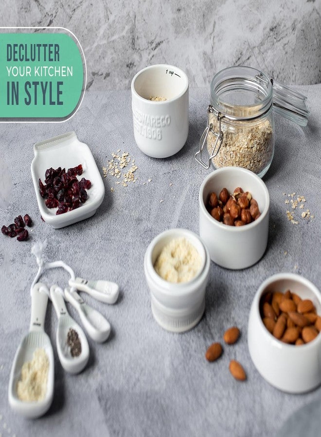 كومفيفي أدوات مطبخ كومفيفي ماسون جار - ديكور سيراميك أبيض مع 4 أكواب قياس، 4 ملاعق قياس، وحامل ملاعق - طراز عتيق - Image 4