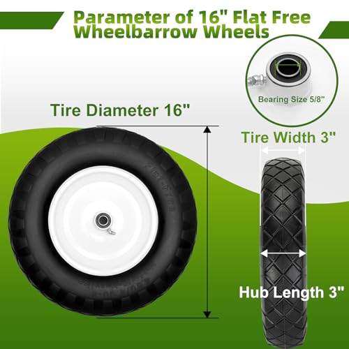 Pontuss Upgraded 16" Flat Free Wheelbarrow Wheels and Tires, 4.80/4.00-8 Solid Wheelbarrow Tires with 5/8"&3/4" Bearings,14"-16" Universal Fit Wheelbarrow Wheels for Wheelbarrows/Garden Trailer - Image 2