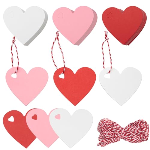 Jocomoni 150pcs Heart Shaped Gift Tags, Pink White Red Heart Paper Kraft Gift Hanging Tags with String for Valentine's Day Mother's Day Wedding Party Supply Home Decoration - Image 1