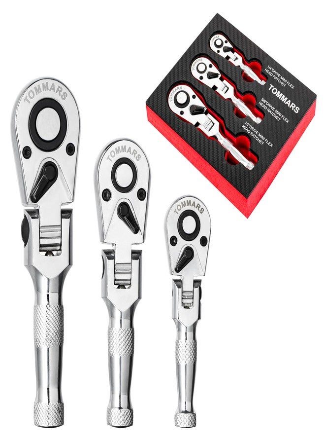 TOMMARS Flex-Head Stubby Ratchet Set, 1/4", 3/8", 1/2" Drive Flexible Mini Small Ratchet Handle Wrench 72-Tooth Quick-Release Reversible Gift for Men Mechanic Hand Tools - Image 1