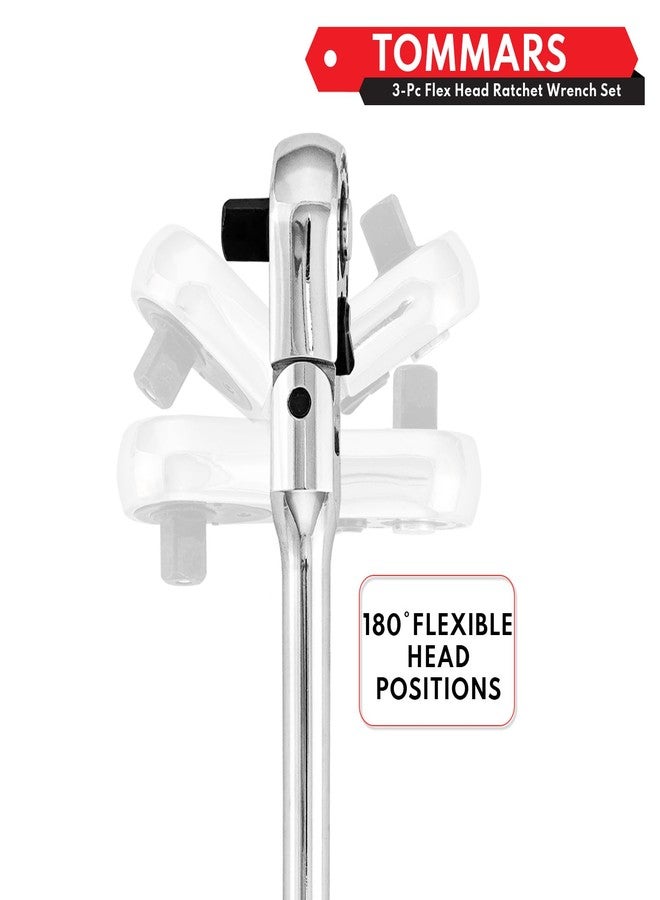 TOMMARS Flex-Head Stubby Ratchet Set, 1/4", 3/8", 1/2" Drive Flexible Mini Small Ratchet Handle Wrench 72-Tooth Quick-Release Reversible Gift for Men Mechanic Hand Tools - Image 3