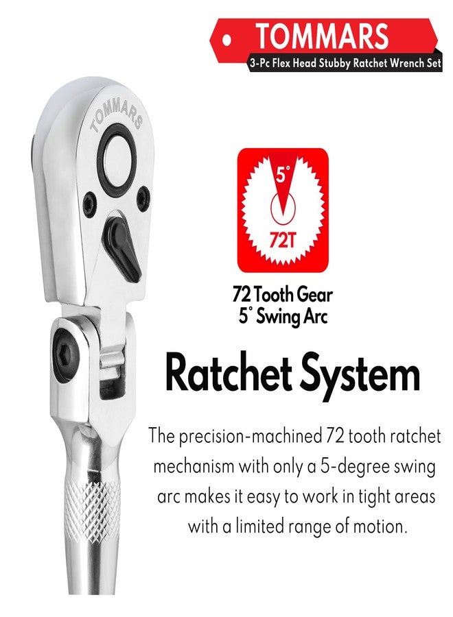 TOMMARS Flex-Head Stubby Ratchet Set, 1/4", 3/8", 1/2" Drive Flexible Mini Small Ratchet Handle Wrench 72-Tooth Quick-Release Reversible Gift for Men Mechanic Hand Tools - Image 4