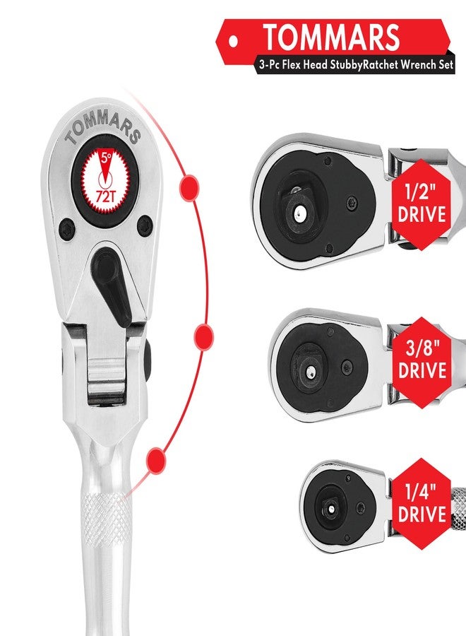 TOMMARS Flex-Head Stubby Ratchet Set, 1/4", 3/8", 1/2" Drive Flexible Mini Small Ratchet Handle Wrench 72-Tooth Quick-Release Reversible Gift for Men Mechanic Hand Tools - Image 5