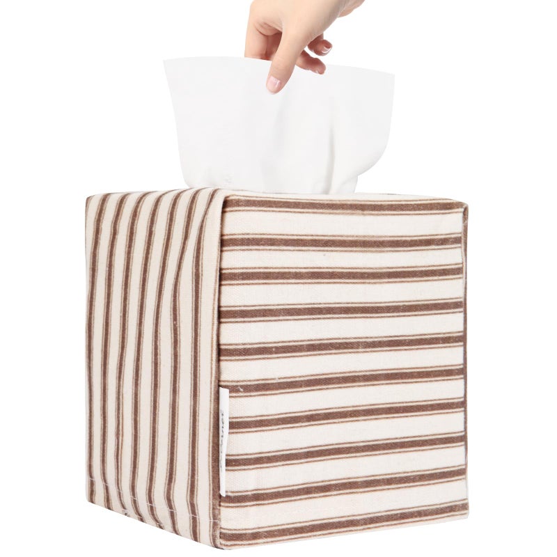 Tissue Box Cover Fabric Tissue Box Holder Square Stylish Reusable Toilet Paper Storage Modern Bathroom Counter Organizer Decorations AccessoriesTicking Stripe 5x5x5 Light Brown