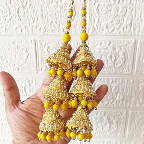 Adikala Craft Store Ethnic Nalki Cone Latkan Tassel Pack of 2 for Saree Pallu, Blouse, Suits, Dupatta, Lehenga Decor (Yellow 3Cone) - Image 1