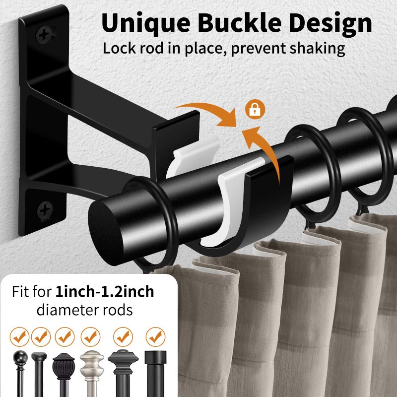 KOLAKO Curtain Rod Bracket, Heavy Duty Curtain Rod Holders Single Decorative Rod Hooks Hanger for 1 Inch Dia Rod, Black 4 Pack - Image 3