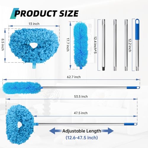 DRQ Ceiling Fan Cleaner Duster, 2 Pack Reusable Microfiber Duster with Extension Pole, 13 to 48 Inch Fan Blade Cleaner, Removable Dusters for Cleaning Walls Bookshelves Door Window Top (Blue) - Image 2