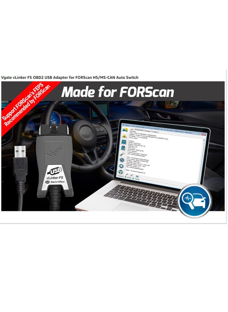 Vgate - Vgate vLinker FS OBD2 USB Adapter for FORS-can HS/MS-CAN Auto Switch (160cm) - Image 1