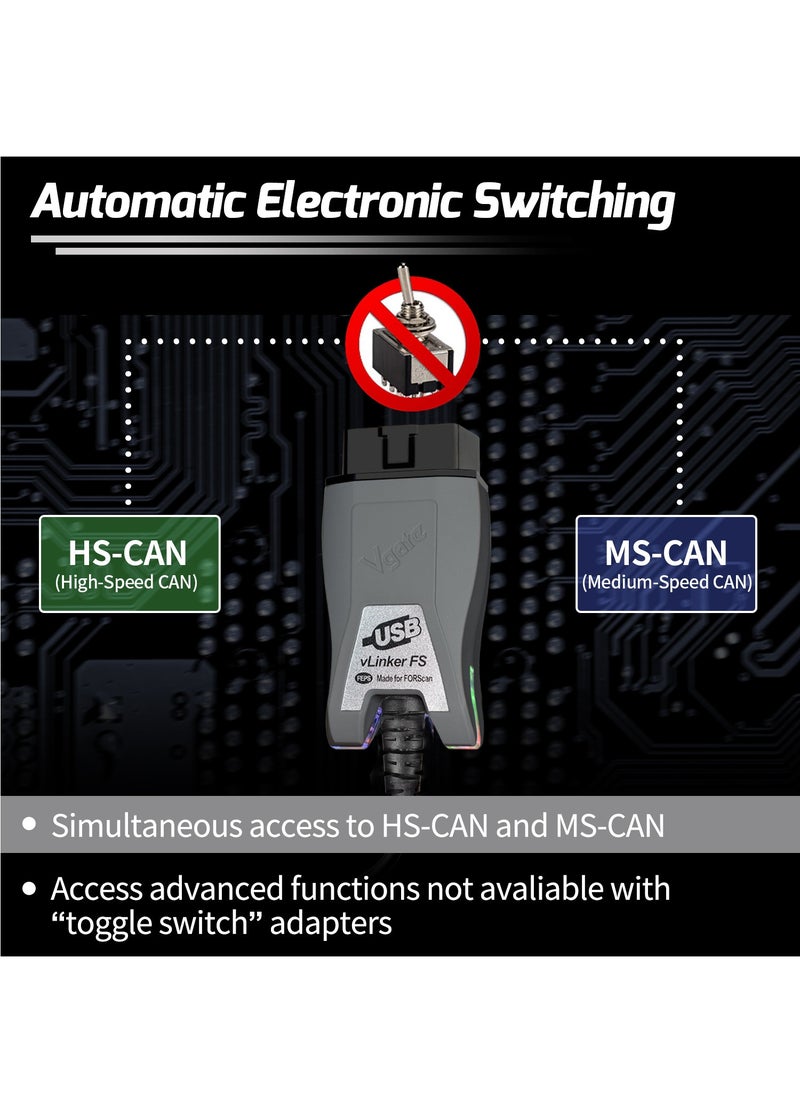 Vgate - Vgate vLinker FS OBD2 USB Adapter for FORS-can HS/MS-CAN Auto Switch (160cm) - Image 1