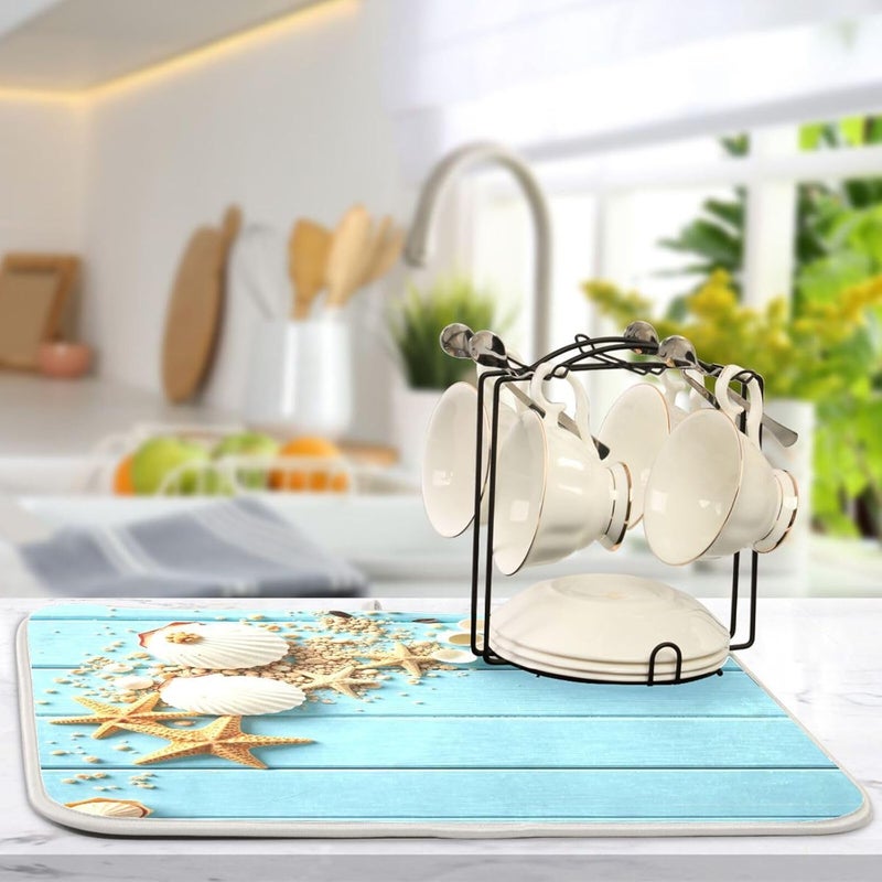Kcldeci Summer Seashell Starfish On Wooden Dish Drying Mat 18x24 inch Drying Pad Dish Drainer Mat Protector for Kitchen Countertops Counter - Image 5
