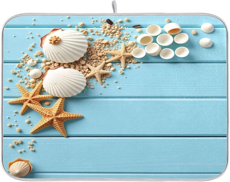 Kcldeci Summer Seashell Starfish On Wooden Dish Drying Mat 18x24 inch Drying Pad Dish Drainer Mat Protector for Kitchen Countertops Counter - Image 1