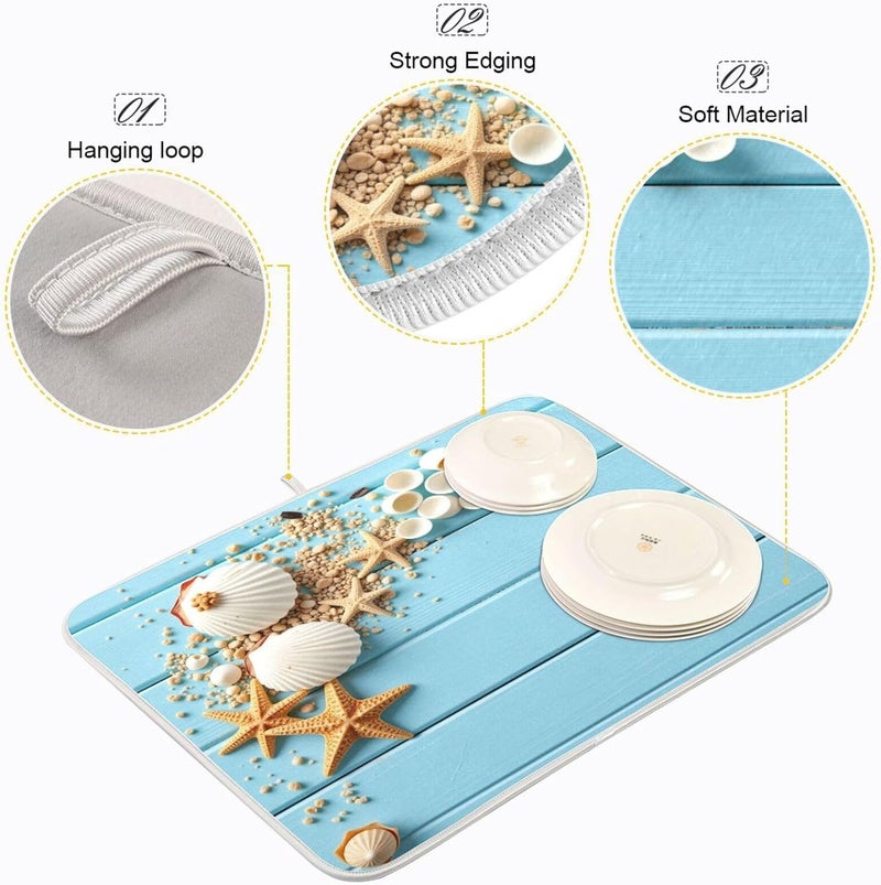 Kcldeci Summer Seashell Starfish On Wooden Dish Drying Mat 18x24 inch Drying Pad Dish Drainer Mat Protector for Kitchen Countertops Counter - Image 4