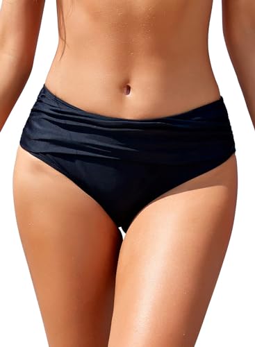 SHEKINI Women's Bikini Bottoms Ruched Black Swimsuit Tummy Control Swim Bottoms (Small, Manhattan Black) - Image 1
