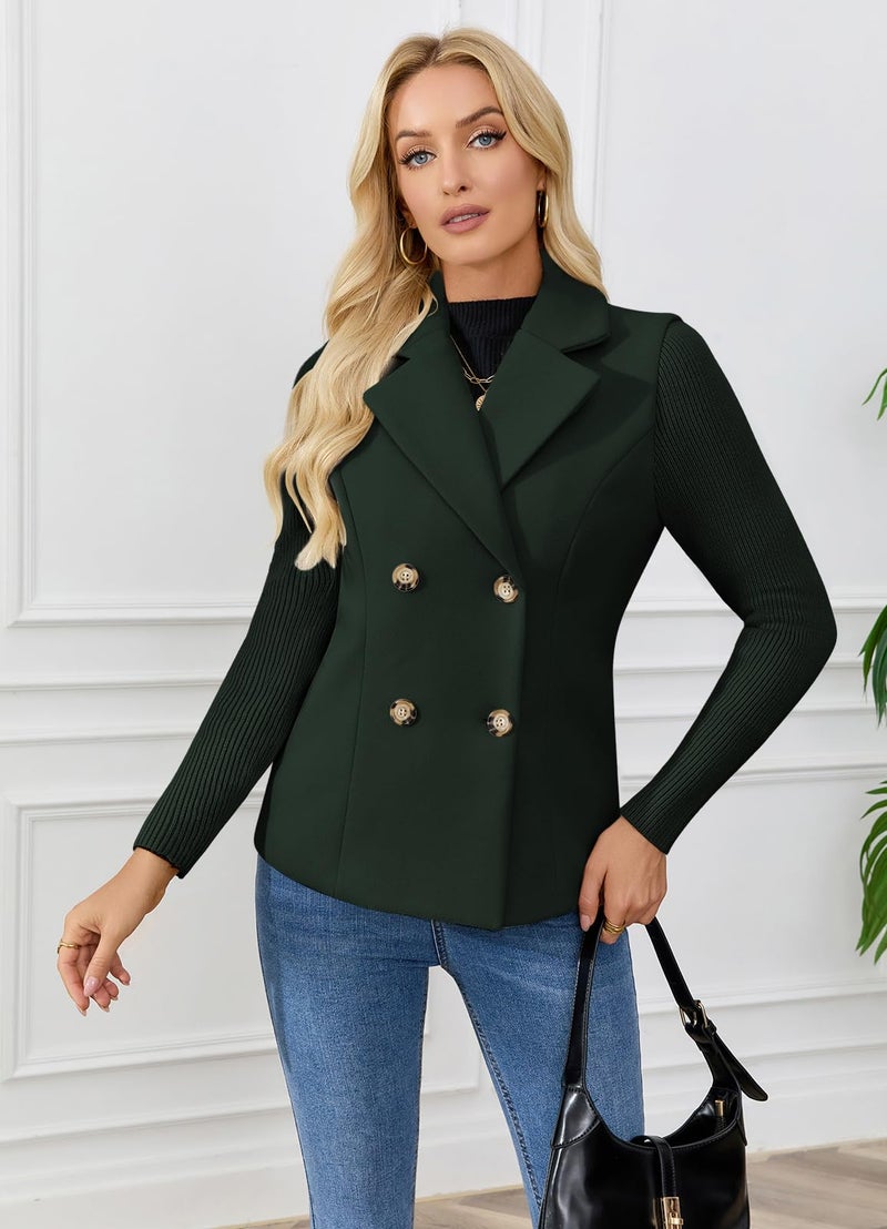 ebossy Women's Double Breasted Wool Pea Coat Notched Lapel Ribbed Knit Long Sleeve Sweater Short Blazer Jacket (XL, Green) - Image 5
