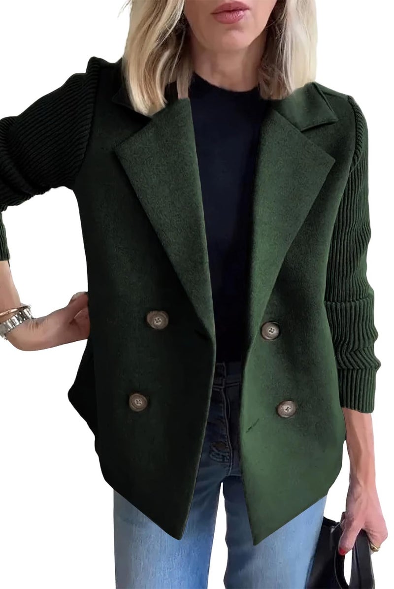 ebossy Women's Double Breasted Wool Pea Coat Notched Lapel Ribbed Knit Long Sleeve Sweater Short Blazer Jacket (XL, Green) - Image 1