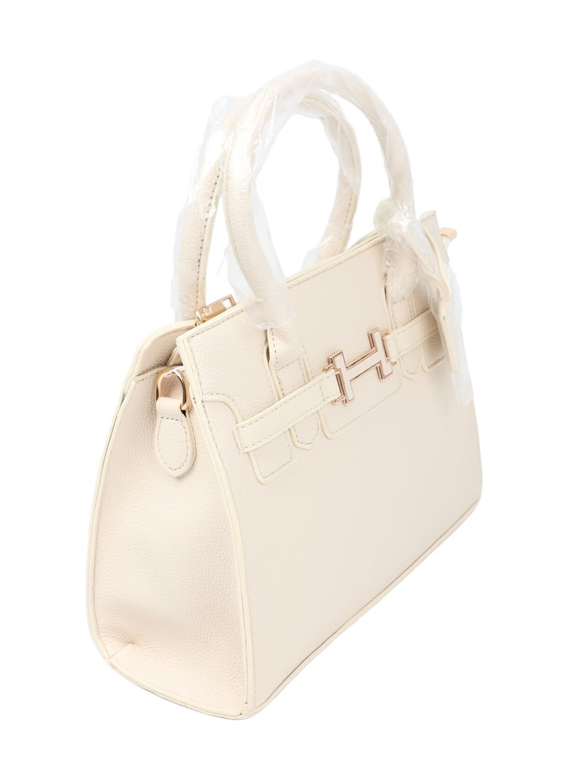 Elegant Women's Textured Handbag with Metallic Front Detail & Dual Handles - Image 4