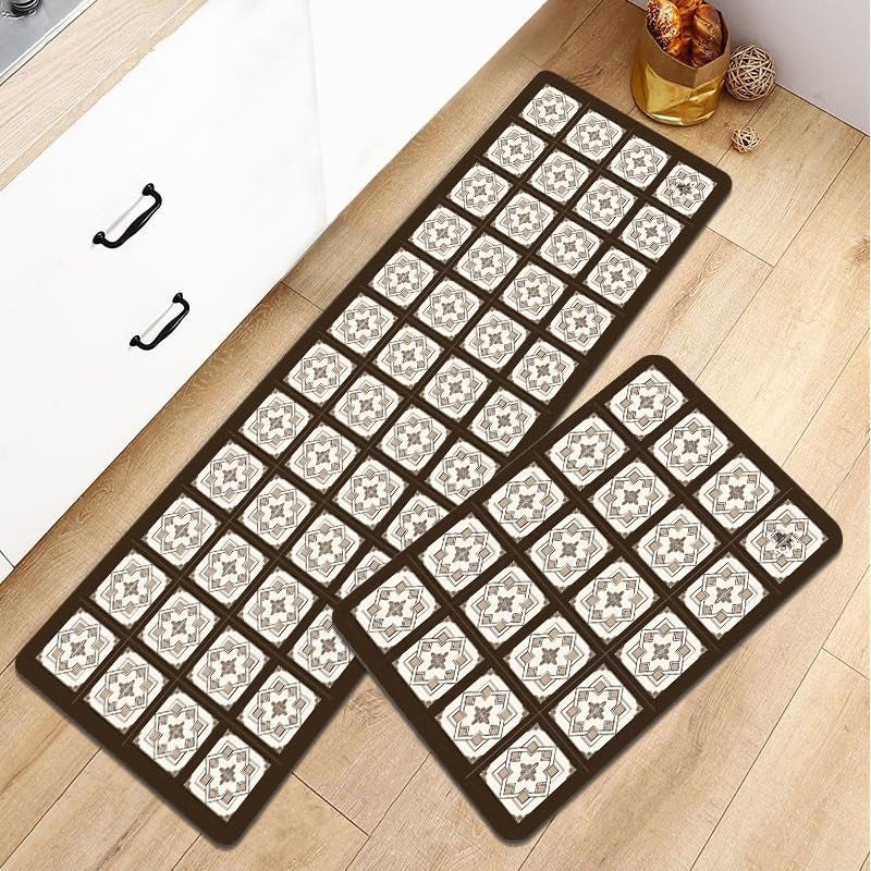 Home-Cloud HomeCloud Rubber Kitchen Mats for Floor Set of 2 Pcs|Non-Skid, Soft Absorbent Rugs for Kitchen, Laundry, and Hallway|120x40cm, 40x60cm| 4mm Thickness (Beige_White_X) - Image 2