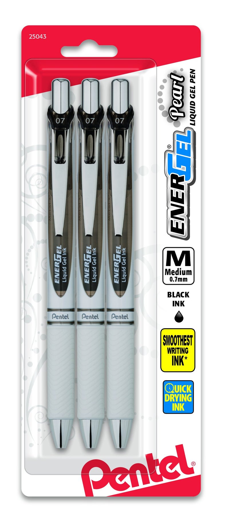 Pentel قلم جل قابل للسحب من بنتل إينرجل لؤلؤي، (0.7 مم) طرف معدني، نقطة متوسطة، أسود حبر 3-عبوات - Image 1
