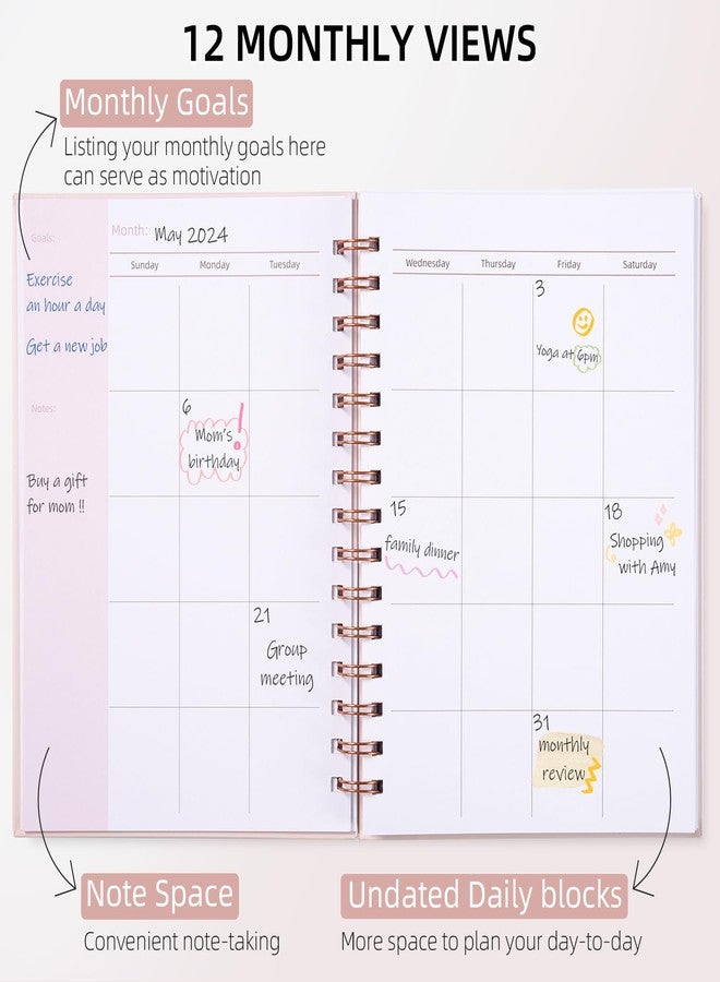 LONLAT Undated Weekly and Monthly Planner Spiral Bound- Weekly Goals Notebook, To Do List, Habit Tracker Journal, Academic, Aesthetic, Stylish School or Office Supplies (6.1" x 8.4" - Pink) - Image 2
