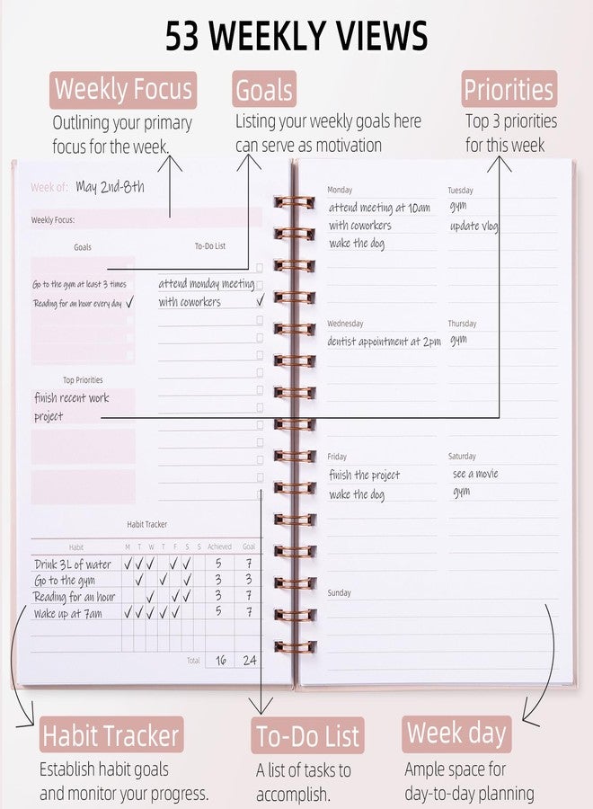 LONLAT Undated Weekly and Monthly Planner Spiral Bound- Weekly Goals Notebook, To Do List, Habit Tracker Journal, Academic, Aesthetic, Stylish School or Office Supplies (6.1" x 8.4" - Pink) - Image 3
