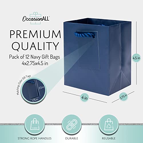 OccasionALL Navy Blue Gift Bags, Paper Gift Bags with Handles for Small Business, Party Favors, Gift Cards, Mini Shopping Bags, Retail Merchandise, Events, Bulk, 4x2.75x4.5, 12 Pack - Image 3