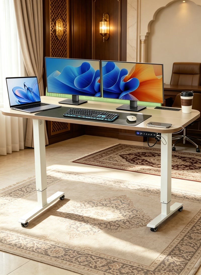 MWS-ForCamping Smart Electric Standing Desk, 160x76cm, Khaki Solid Wood Top with Height Memory, 20W Fast Charging & Quiet Motor, Privacy Screen and Built-in Outlets for Home Office - Image 1
