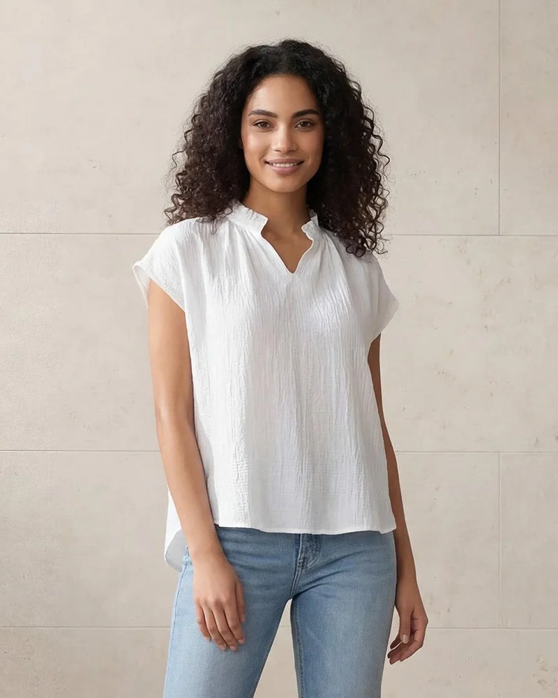 ردتاغ Women Ivory Plain V-Neck Casual Blouse
