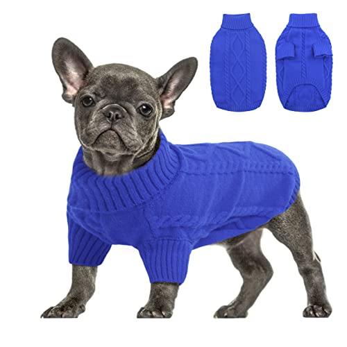 Queenmore Small Dog Pullover Sweater Cold Weather Cable Knitwear Classic Turtleneck Thick Warm Clothes for Chihuahua Bulldog Dachshund Pug Royal Blue Small - Image 1