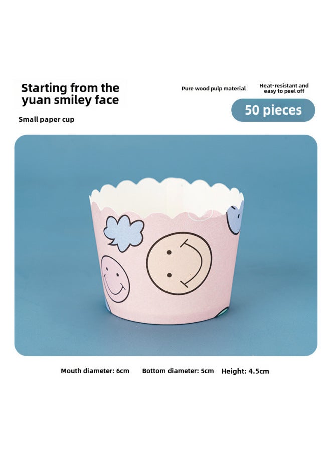 Medium Size Baking Cups Rolled Edges Foldable Cake Paper Cups High Temperature Resistant 50 Pieces-Color:Small Paper Cup-Yuan Smiling Face 50 Pack- - Image 1