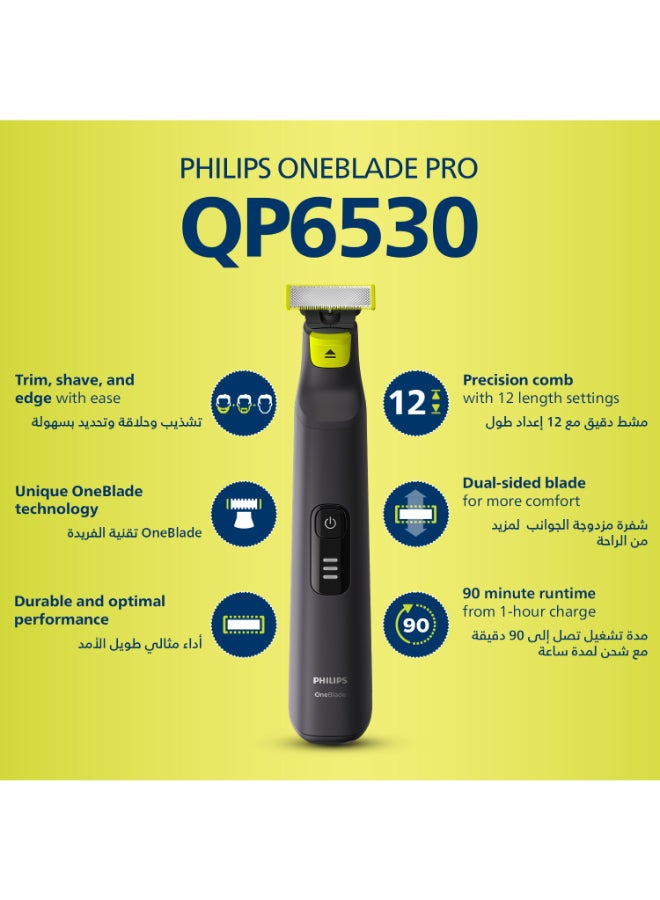 Philips OneBlade Pro QP6530/23,Wet & Dry Use,Trim, Edge & Shave Any Length of Hair| 12-Length Precision Comb, Dual-Sided Blade,90min Cordless Use Black - Image 2