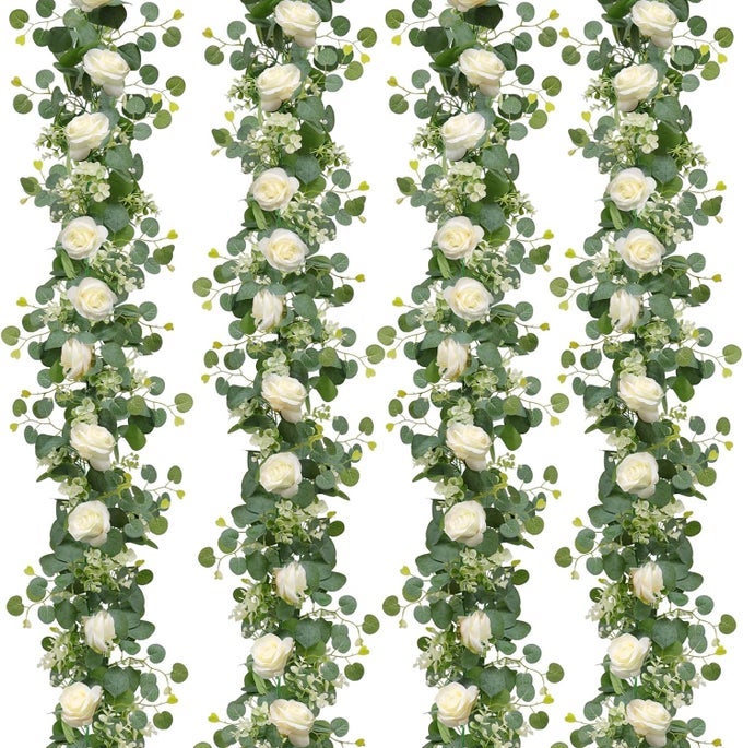 4PCS 24 FT ARTIFICIAL EUCALYPTUS FLOWER GARLAND SUMMER DECOR WHITE ROSE GARLAND SILK FLOWERS FAKE EUCALYPTUS PLANTS FAUX VINES GREENERY GARLANDS FOR WEDDING HOME TABLE RUNNER BACKDROP