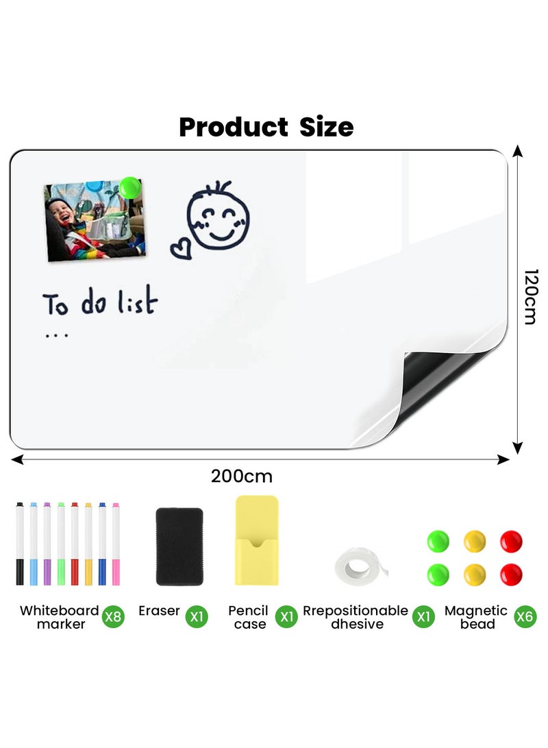 عالية الجودة ملصق سبورة بيضاء مغناطيسي، سبورة بيضاء ذاتية اللصق للجدار، سبورة جافة بظهر لاصق، سبورة جافة سهلة الكتابة والتنظيف للأطفال، المكتب، المنزل، مع قلم تحديد، ممحاة مغناطيسية، ومغناطيس (120×200 سم) - Image 2