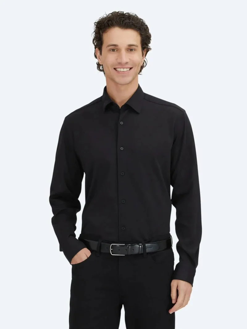 Kip Black Plain Regular Fit Weaving Casual 100% Cotton Shirt