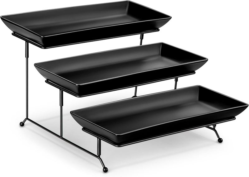 MALACASA 3 Tier Serving Trays for Party, Stoneware Serving Platters and Trays, 14 Inch Tiered Tray Stand, Fruit Tray, Trays for Serving Food, Black Dessert Stand with Collapsible Sturdier Metal Rack - Image 1