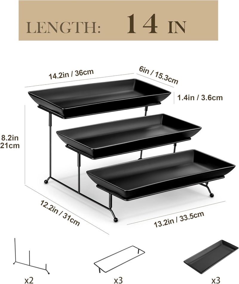 MALACASA 3 Tier Serving Trays for Party, Stoneware Serving Platters and Trays, 14 Inch Tiered Tray Stand, Fruit Tray, Trays for Serving Food, Black Dessert Stand with Collapsible Sturdier Metal Rack - Image 2