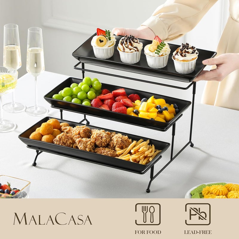 MALACASA 3 Tier Serving Trays for Party, Stoneware Serving Platters and Trays, 14 Inch Tiered Tray Stand, Fruit Tray, Trays for Serving Food, Black Dessert Stand with Collapsible Sturdier Metal Rack - Image 3