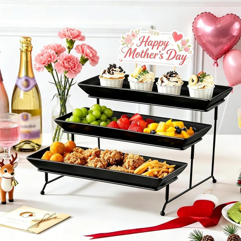 MALACASA 3 Tier Serving Trays for Party, Stoneware Serving Platters and Trays, 14 Inch Tiered Tray Stand, Fruit Tray, Trays for Serving Food, Black Dessert Stand with Collapsible Sturdier Metal Rack - Image 5