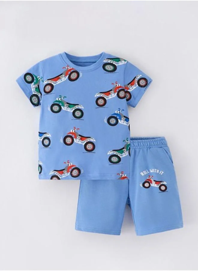YUNIQEE Blue Crew Neck Short Sleeve Printed Tshirt & Shorts