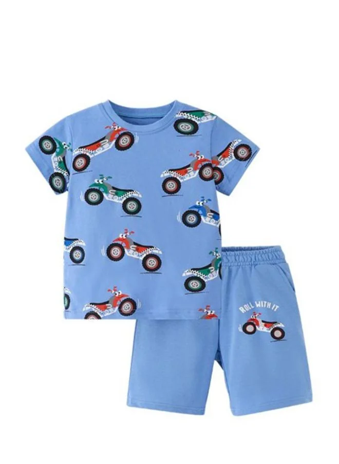 YUNIQEE Blue Crew Neck Short Sleeve Printed Tshirt & Shorts