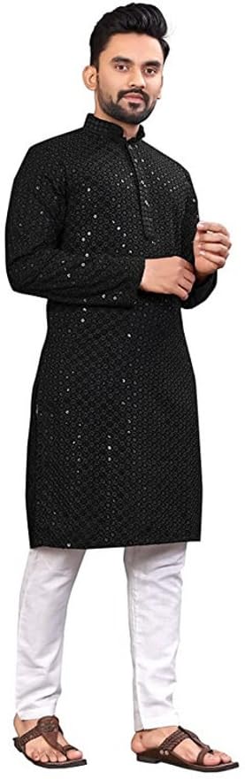 LookMark Present Men's Pure Rayon Chikankari Sequins Kurta||Men's Chikankari Black Coloured Kurta|| AZ-LM-OG-Kurta 11 Black-XXL - Image 5