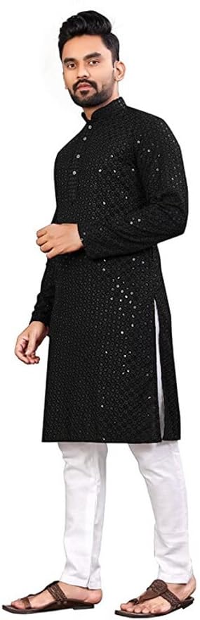 LookMark Present Men's Pure Rayon Chikankari Sequins Kurta||Men's Chikankari Black Coloured Kurta|| AZ-LM-OG-Kurta 11 Black-XXL - Image 4