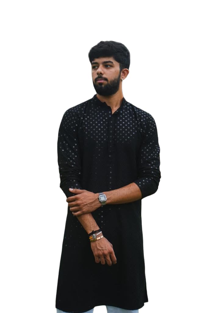 LookMark Present Men's Pure Rayon Chikankari Sequins Kurta||Men's Chikankari Black Coloured Kurta|| AZ-LM-OG-Kurta 11 Black-XXL - Image 1