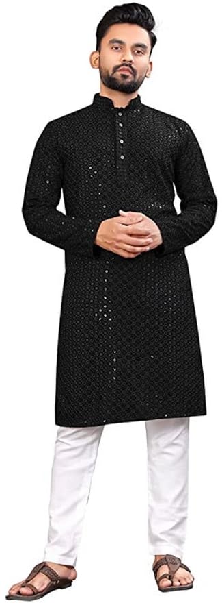 LookMark Present Men's Pure Rayon Chikankari Sequins Kurta||Men's Chikankari Black Coloured Kurta|| AZ-LM-OG-Kurta 11 Black-XXL - Image 2