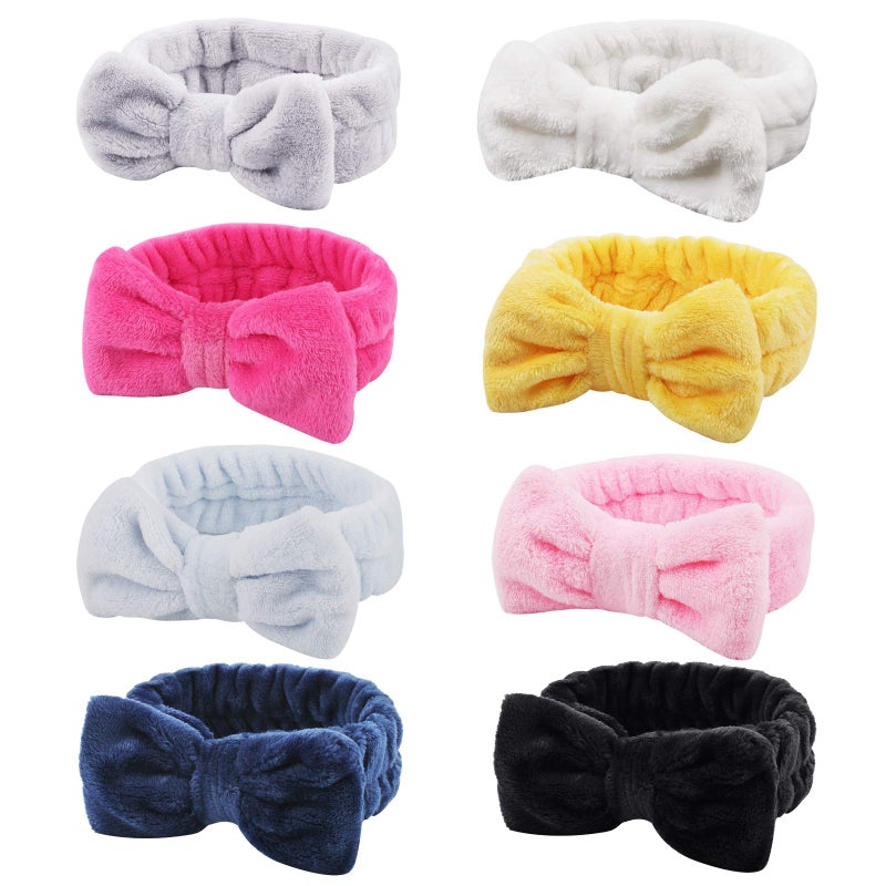 Ondder 8 Pack Bowknot Makeup Headbands  Fluffy Facial Cosmetic Hair Bands for Women and Girls Ideal for Washing Skincare and Spa Use
