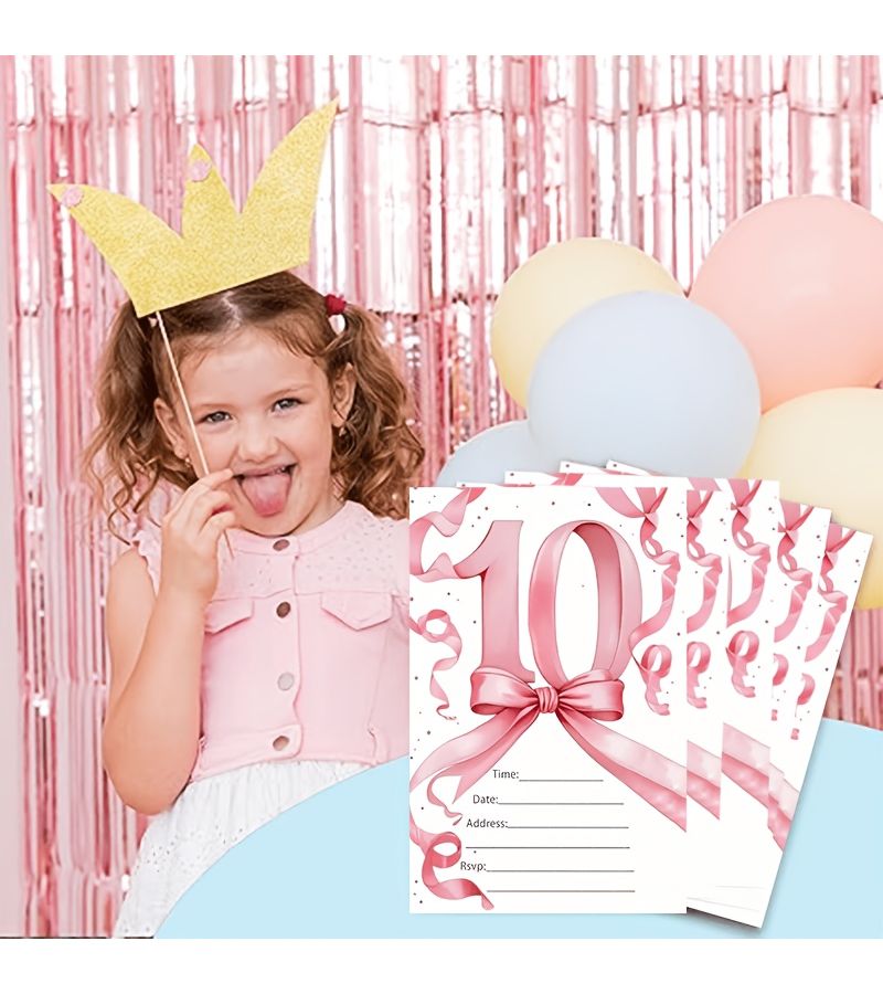 20 بطاقة دعوة عيد ميلاد مع فيونكة وردية مائية للأطفال والنساء (مجموعة من 20 بطاقة) - Image 3